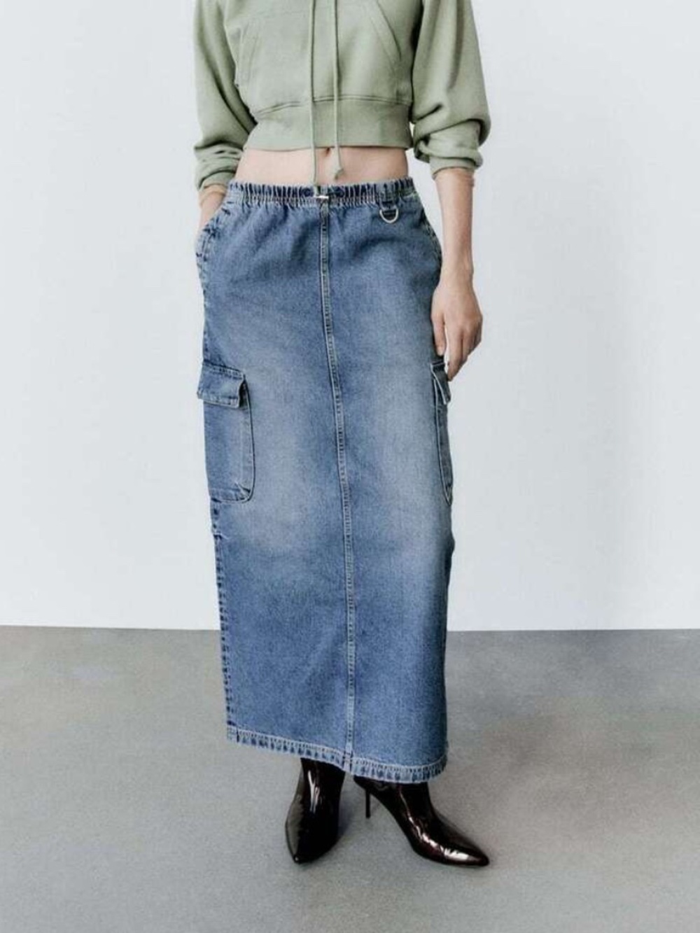 Zara 100% Cotton Denim Cargo Midi Skirt Blue Wash Size M